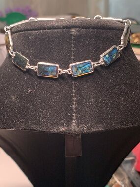 Sterling Silver Abalone Rectangle Link Bracelet in Blue-Green